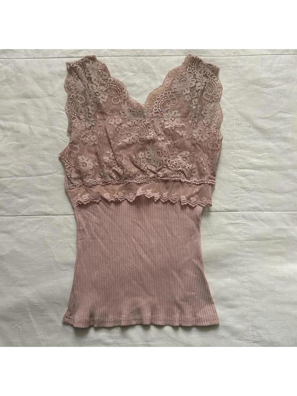 Axes Femme Pink lace tank top with rhinestones detailing Size Medium